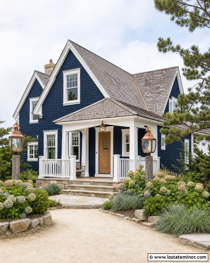 Navy Blue Coastal House With Onion Lanterns - 30 Navy Blue House Design With Light Fixtures Ideas