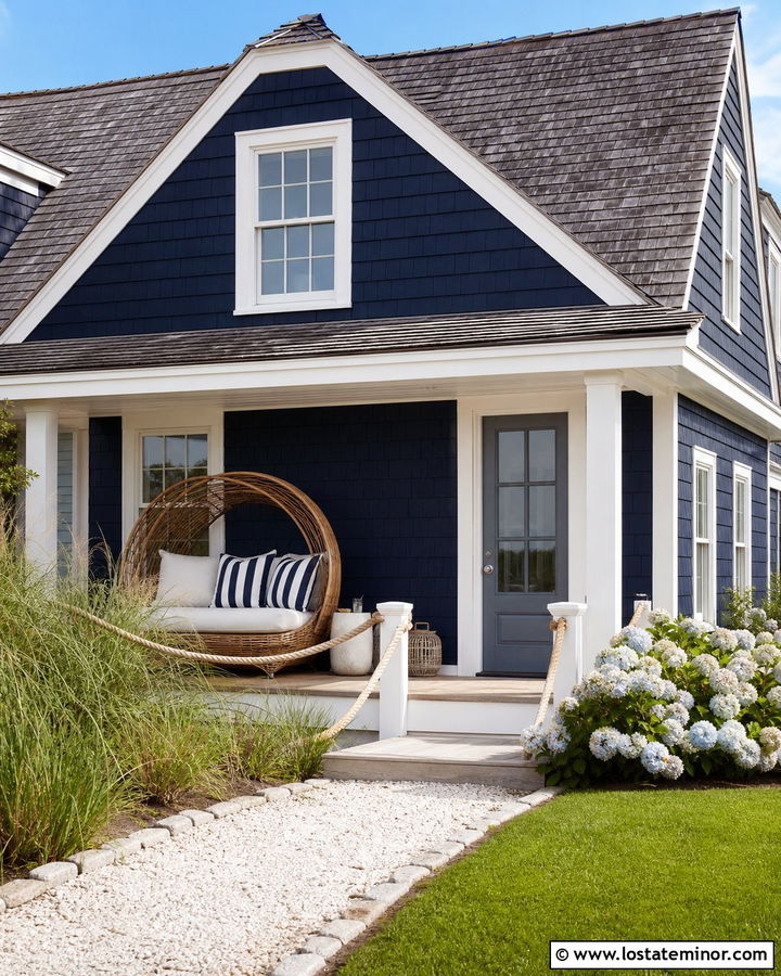 Navy Blue Coastal House With Rattan Daybed - 30 Navy Blue House Design With Daybed Ideas