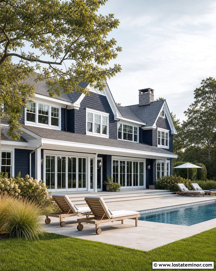 Navy Blue Coastal House With Rectangular Pool - 30 Navy Blue House Design With Swimming Pool Ideas