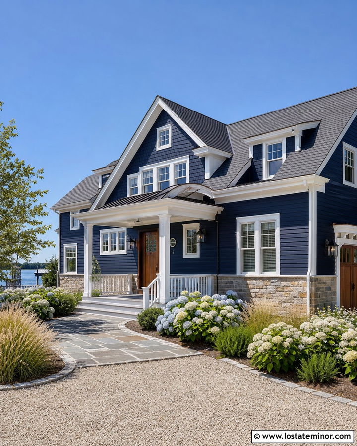Navy Blue Coastal House With Sandstone Wainscoting - 30 Navy Blue House Design With Wainscoting Ideas