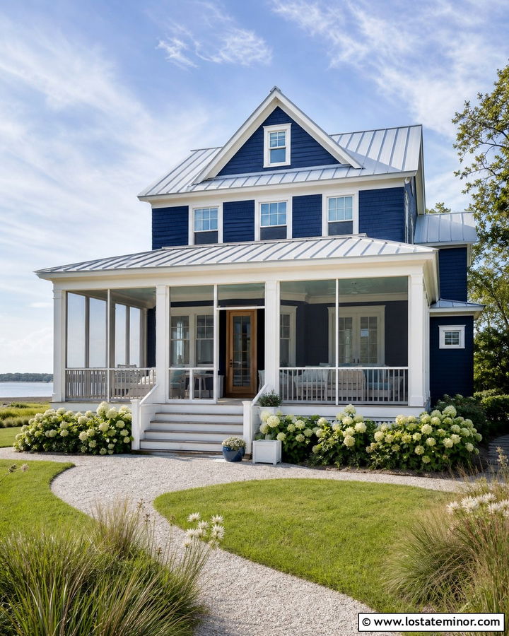 Navy Blue Coastal House With Screened Porch - 30 Navy Blue House Design With Front Porch Ideas