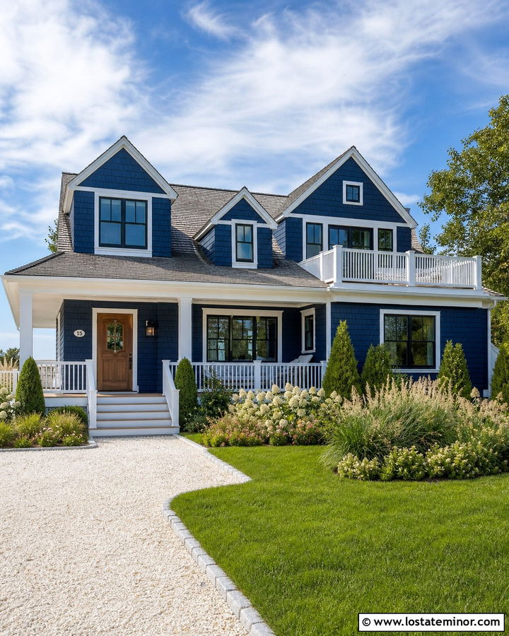 Navy Blue Coastal House With Shingle Dormers - 30 Navy Blue House Design With Dormers Ideas