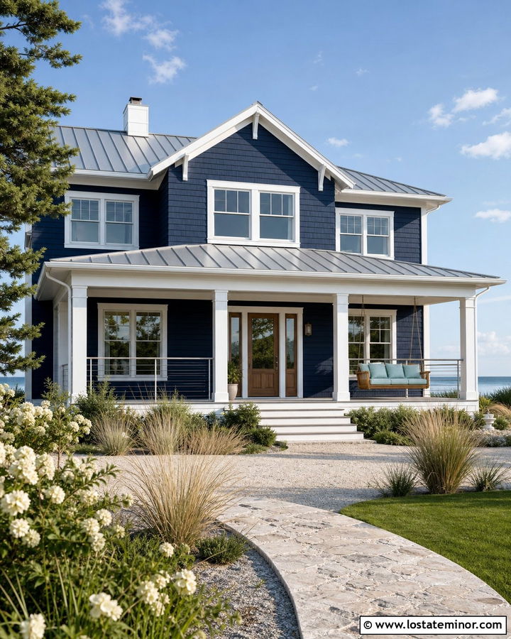 Navy Blue Coastal House With Teak Swing - 30 Navy Blue House Design With Swing Ideas