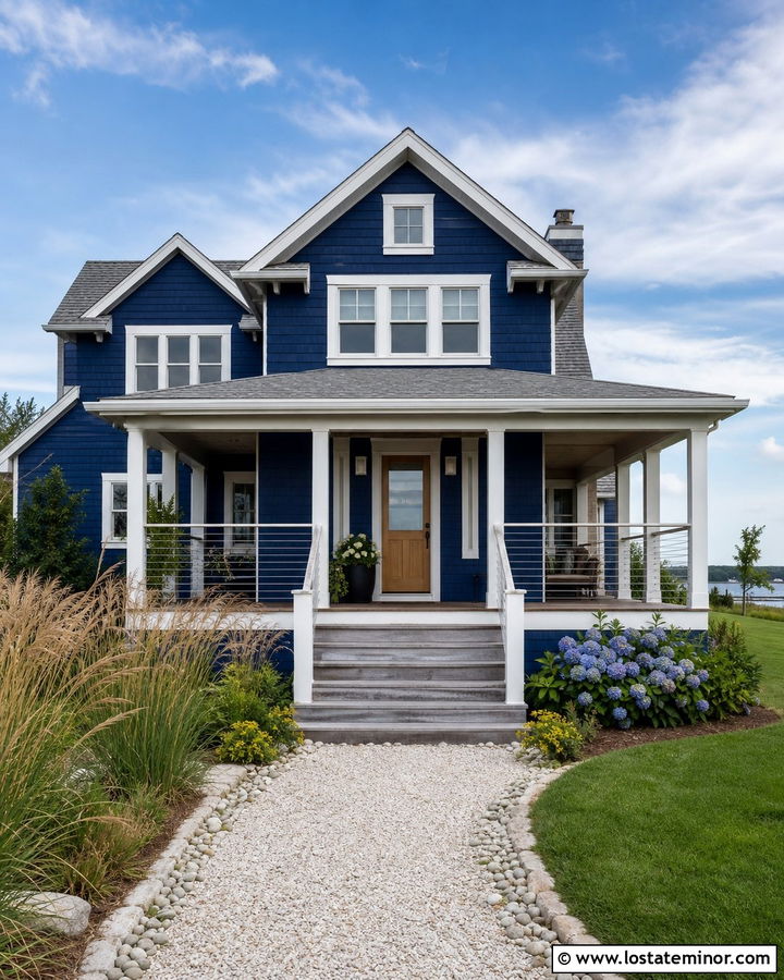 Navy Blue Coastal House With Weathered Wood Steps - 30 Navy Blue House Design With Steps Ideas