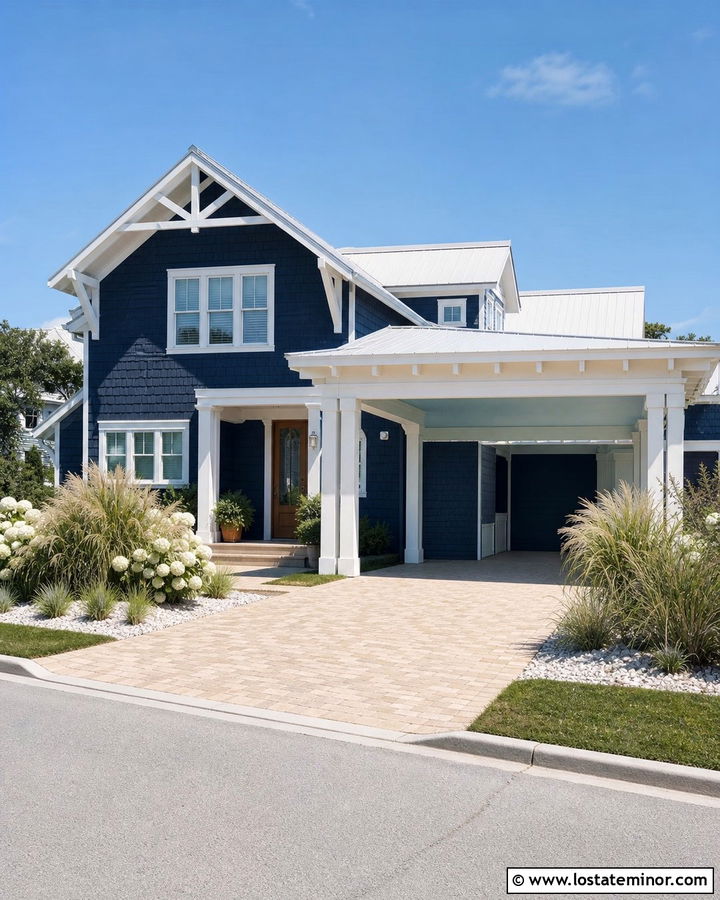 Navy Blue Coastal House With White Carport - 30 Navy Blue House Design With Carport Ideas