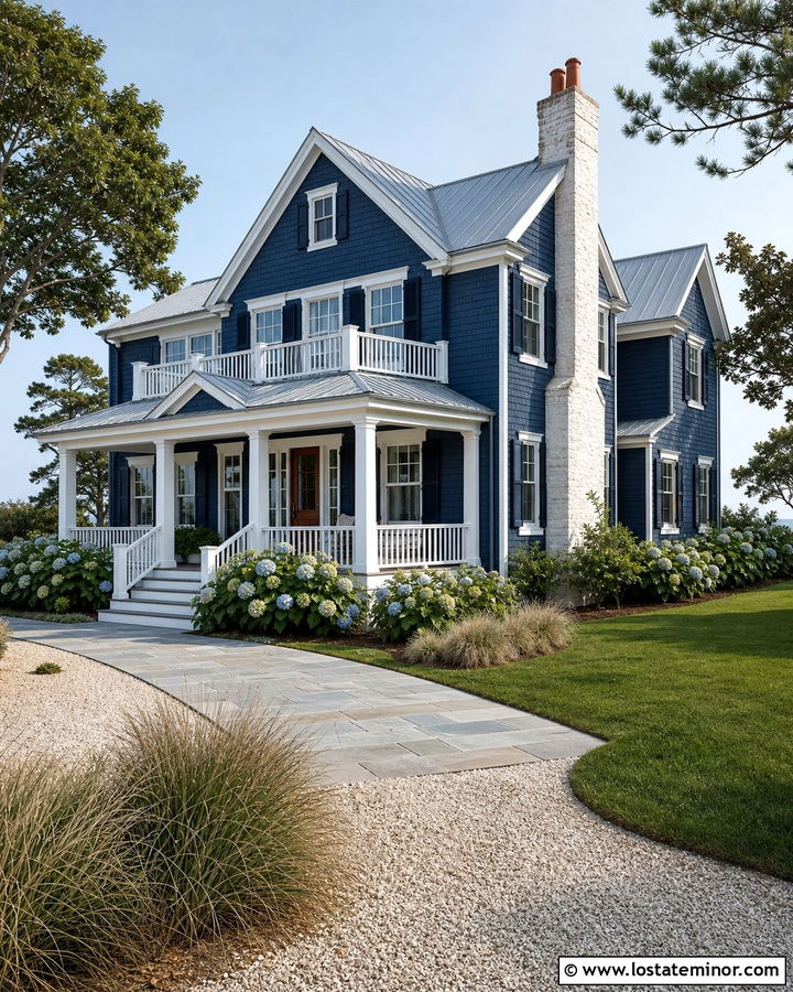 Navy Blue Coastal House With White Chimney - 30 Navy Blue House Design With Chimney Ideas