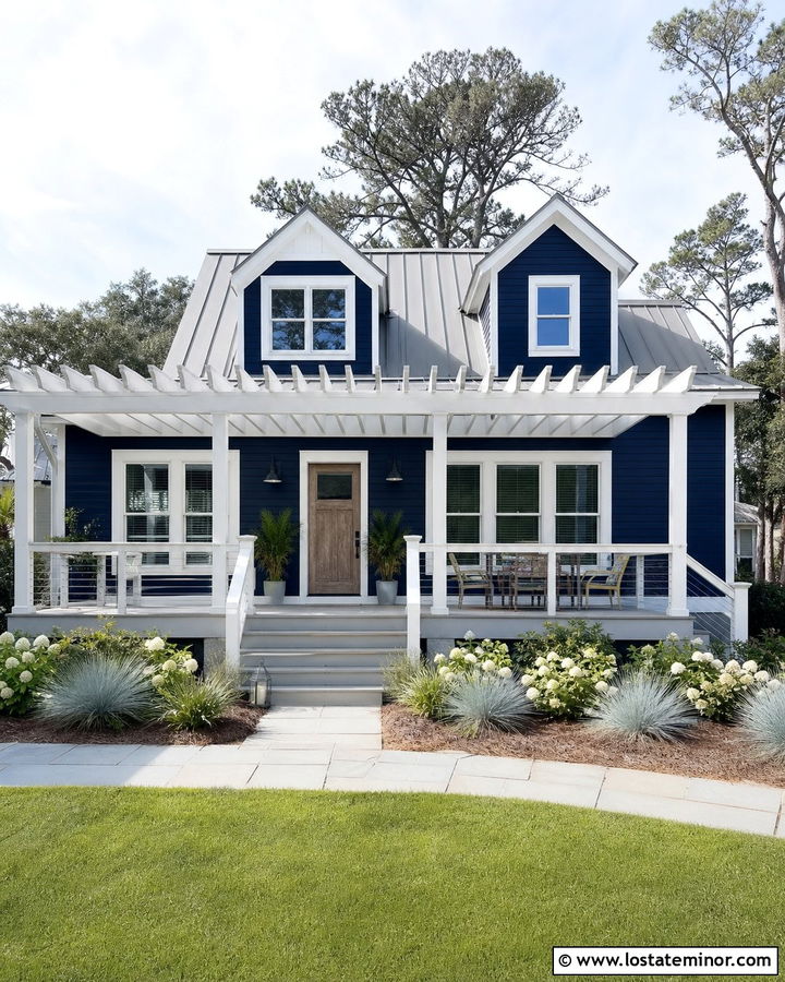Navy Blue Coastal House With White Pergola - 30 Navy Blue House Design With Pergola Ideas