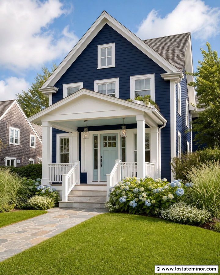 Navy Blue Coastal House With White Portico - 30 Navy Blue House Design With Portico Ideas