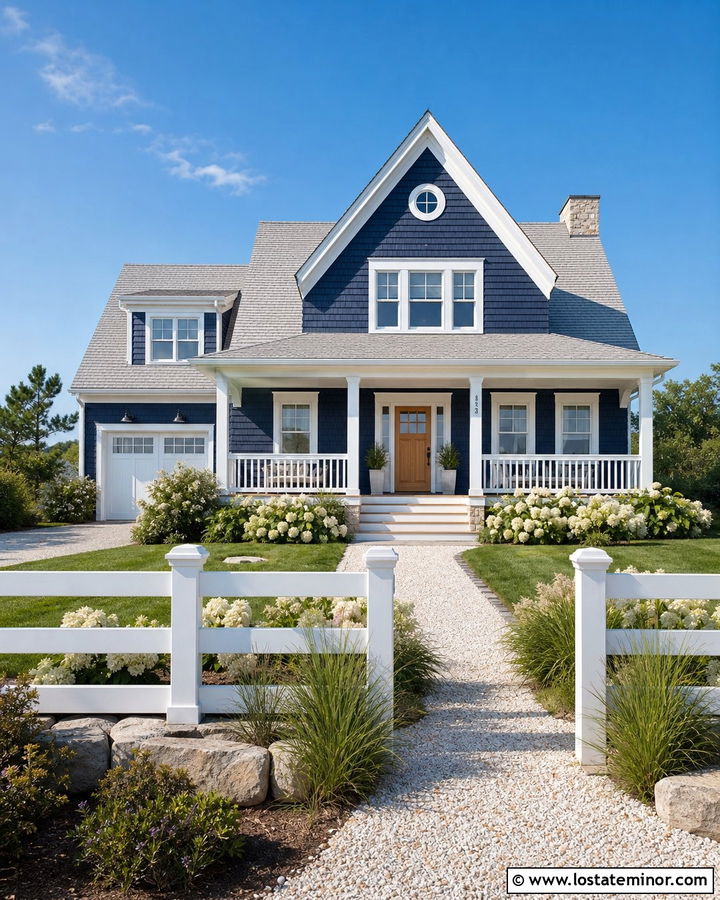 Navy Blue Coastal House With White Rail Fence - 30 Navy Blue House Design With Fence Ideas