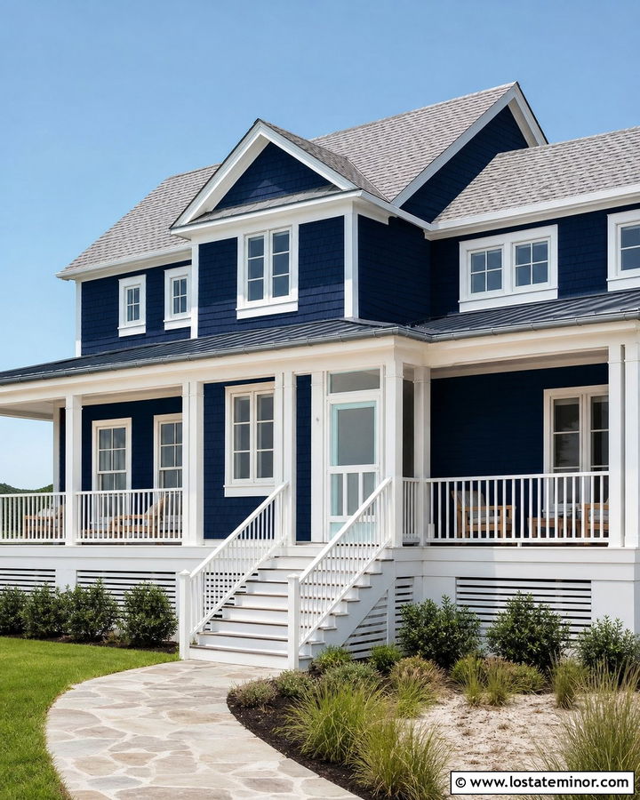 Navy Blue Coastal House With White Screen Door - 30 Navy Blue House Design With Screen Door Ideas