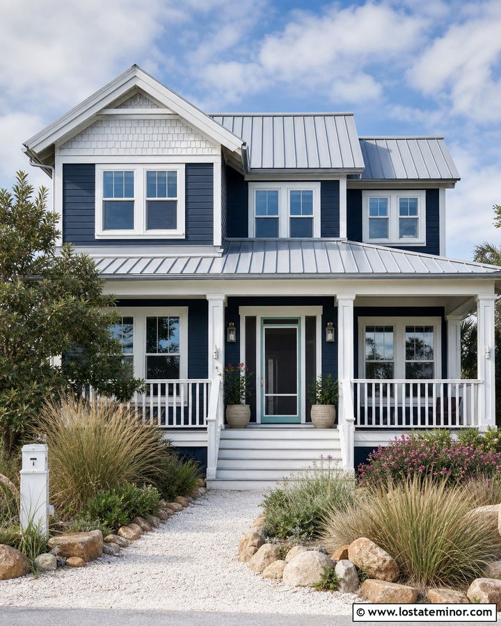 Navy Blue Coastal House With White Storm Door - 30 Navy Blue House Design With Storm Door Ideas