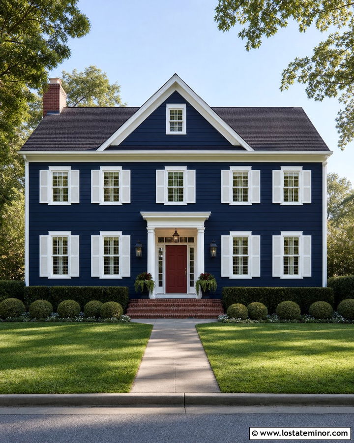 Navy Blue Colonial House With Front Gable - 30 Navy Blue House Design With Gables Ideas