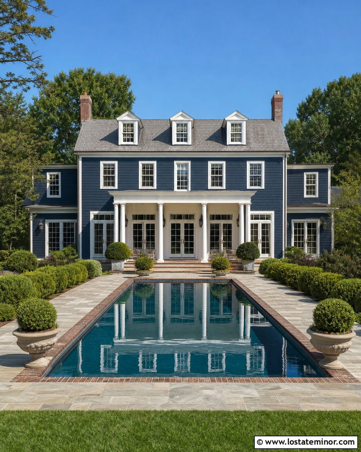 Navy Blue Colonial House With Lap Pool - 30 Navy Blue House Design With Swimming Pool Ideas