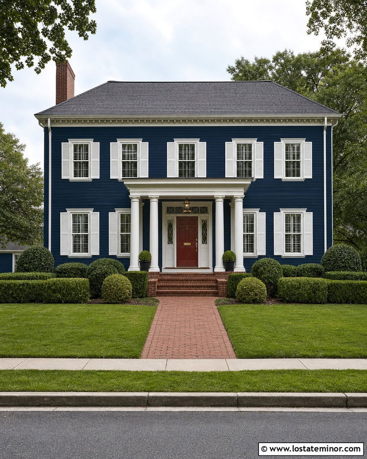 Navy Blue Colonial House With Round White Columns - 30 Navy Blue House Design With Porch Columns Ideas