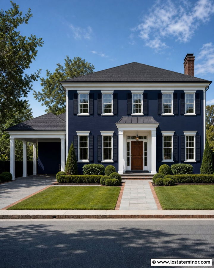 Navy Blue Colonial House With Side Carport - 30 Navy Blue House Design With Carport Ideas
