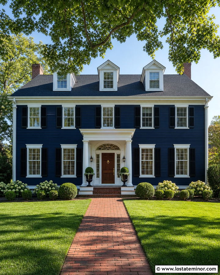 Navy Blue Colonial House With White Columns - 30 Navy Blue House Design With Accents Ideas