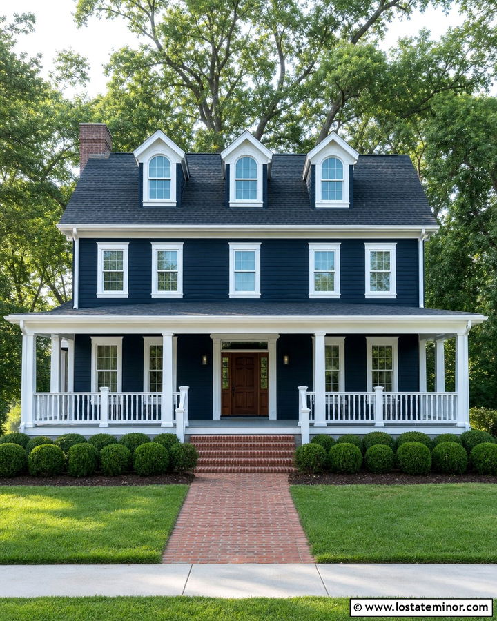 Navy Blue Colonial House With White Railings - 30 Navy Blue House Design With Railings Ideas