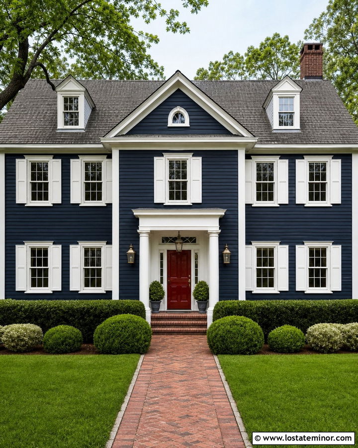 Navy Blue Colonial House With White Shutters - 30 Navy Blue House Design With Shutters Ideas