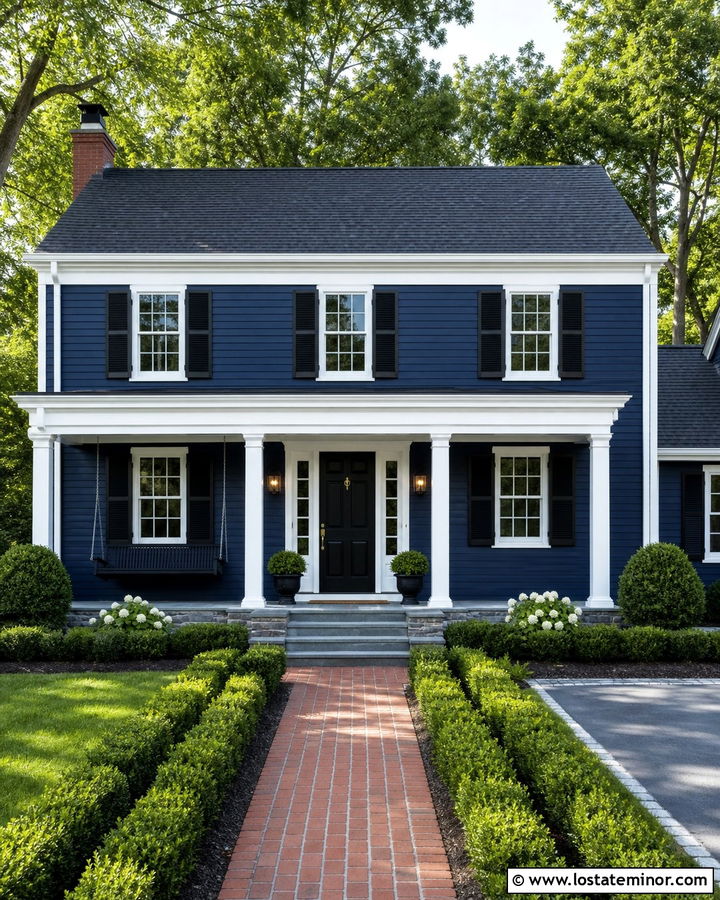Navy Blue Colonial With Black Porch Swing - 30 Navy Blue House Design With Swing Ideas