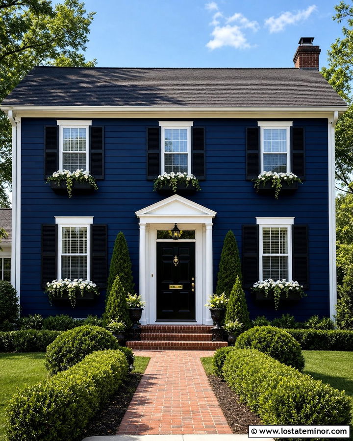 Navy Blue Colonial With Black Window Boxes - 30 Navy Blue House Design With Window Boxes Ideas