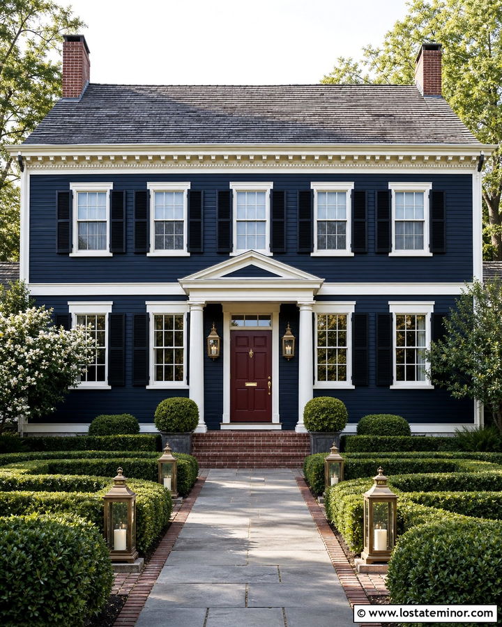 Navy Blue Colonial With Brass Sconces - 30 Navy Blue House Design With Light Fixtures Ideas