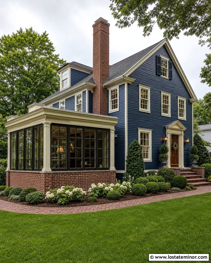Navy Blue Colonial With Brick Sunroom - 30 Navy Blue House Design With Sunroom Ideas