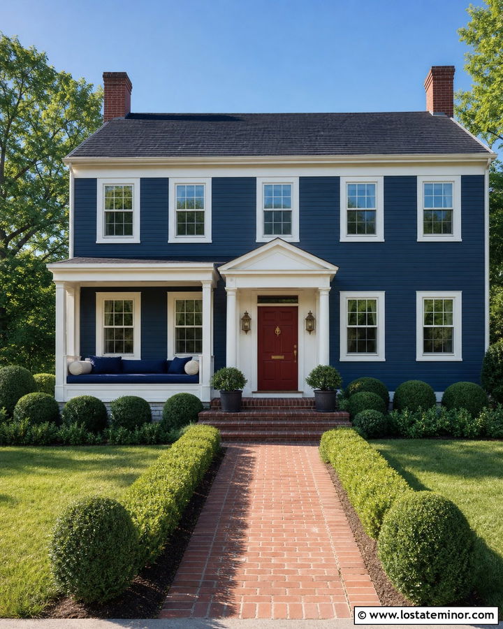 Navy Blue Colonial With Built In Porch Daybed - 30 Navy Blue House Design With Daybed Ideas