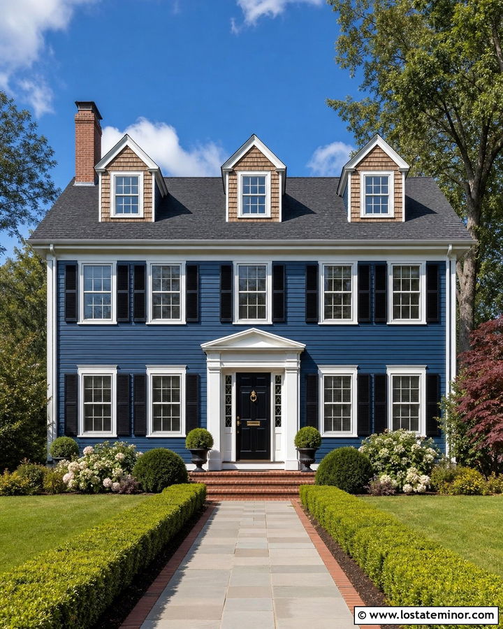 Navy Blue Colonial With Cedar Shake Dormers - 30 Navy Blue House Design With Cedar Shake Ideas