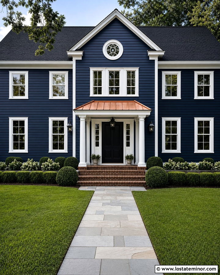 Navy Blue Colonial With Copper Awning - 30 Navy Blue House Design With Awning Ideas