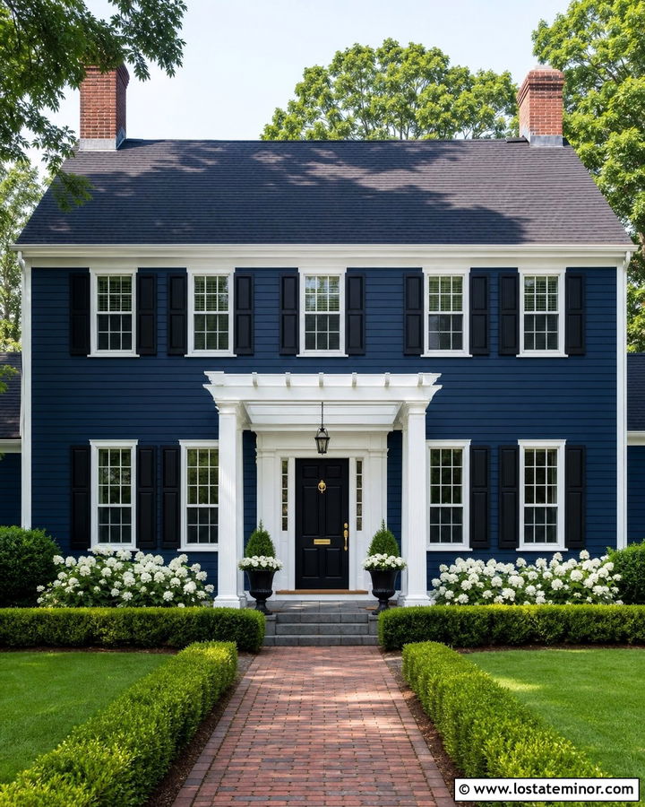 Navy Blue Colonial With Entry Pergola - 30 Navy Blue House Design With Pergola Ideas