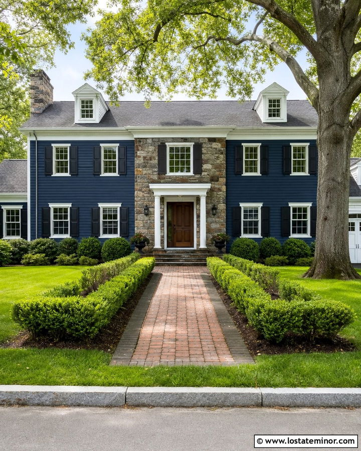 Navy Blue Colonial With Fieldstone Entry - 30 Navy Blue House Design With Stone Accents Ideas