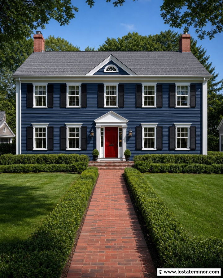 Navy Blue Colonial With Gray Roof Shingles - 30 Navy Blue House Design With Shingles Ideas
