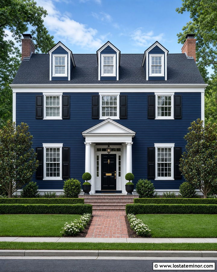 Navy Blue Colonial With Matching Dormers - 30 Navy Blue House Design With Dormers Ideas