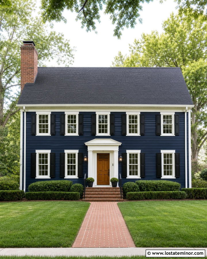 Navy Blue Colonial With Red Brick Chimney - 30 Navy Blue House Design With Chimney Ideas