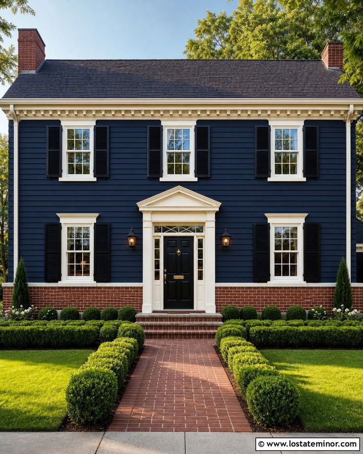 Navy Blue Colonial With Red Brick Wainscoting - 30 Navy Blue House Design With Wainscoting Ideas
