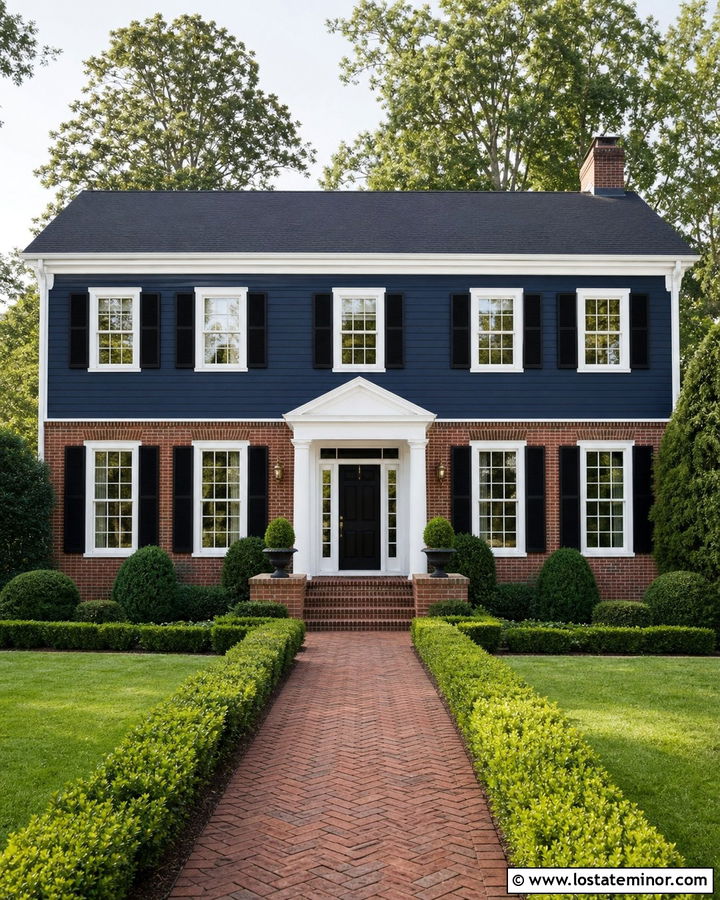 Navy Blue Colonial With Red Brick - 30 Navy Blue House Design With Brick Accents Ideas