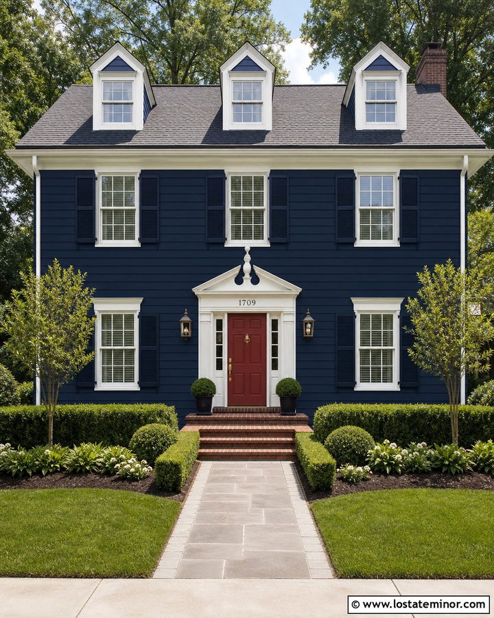 Navy Blue Colonial With Red Front Door - 30 Navy Blue House Design With Front Door Ideas