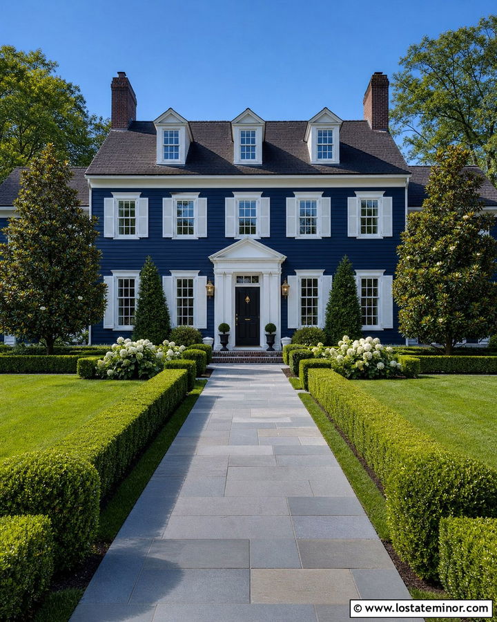 Navy Blue Colonial With Symmetrical Boxwoods - 30 Navy Blue House Design With Landscaping Ideas