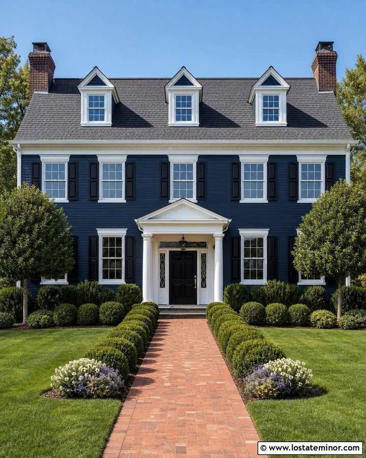 Navy Blue Colonial With Symmetrical Front Yard - 30 Navy Blue House Design With Front Yard Ideas