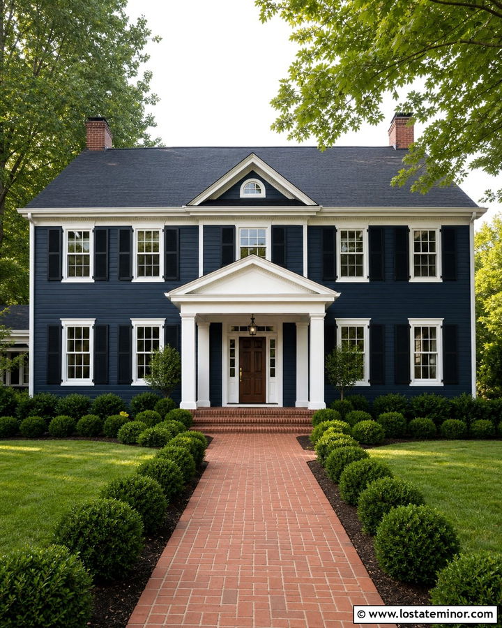 Navy Blue Colonial With White Gabled Portico - 30 Navy Blue House Design With Portico Ideas