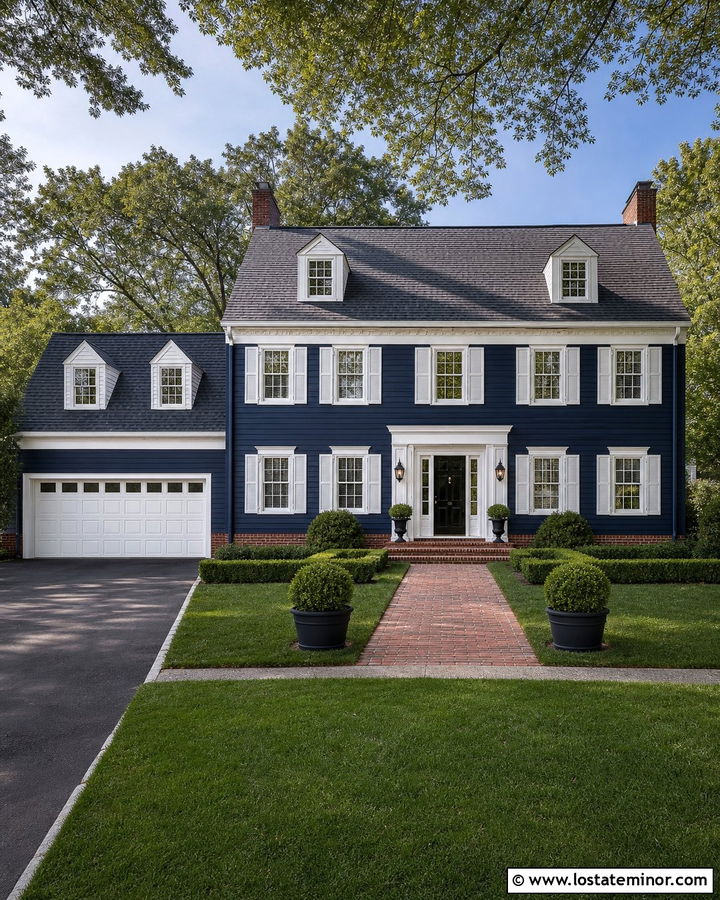 Navy Blue Colonial With White Garage Door - 30 Navy Blue House Design With Garage Door Ideas