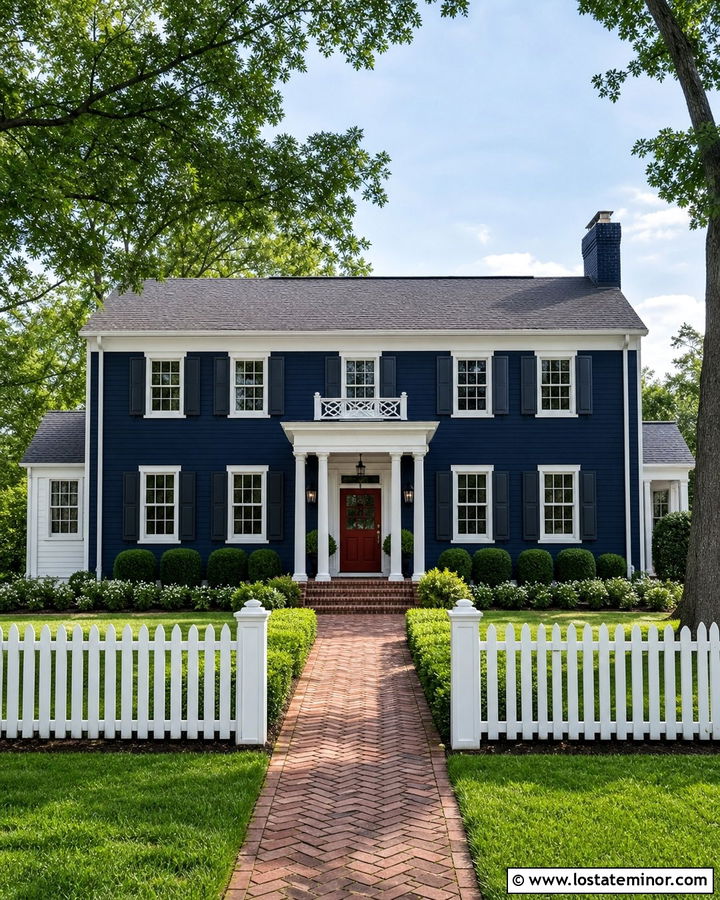 Navy Blue Colonial With White Picket Fence - 30 Navy Blue House Design With Fence Ideas