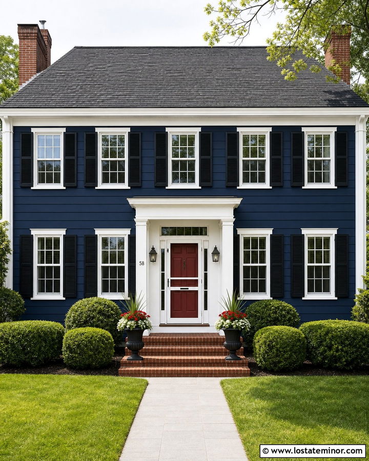 Navy Blue Colonial With White Screen Door - 30 Navy Blue House Design With Screen Door Ideas