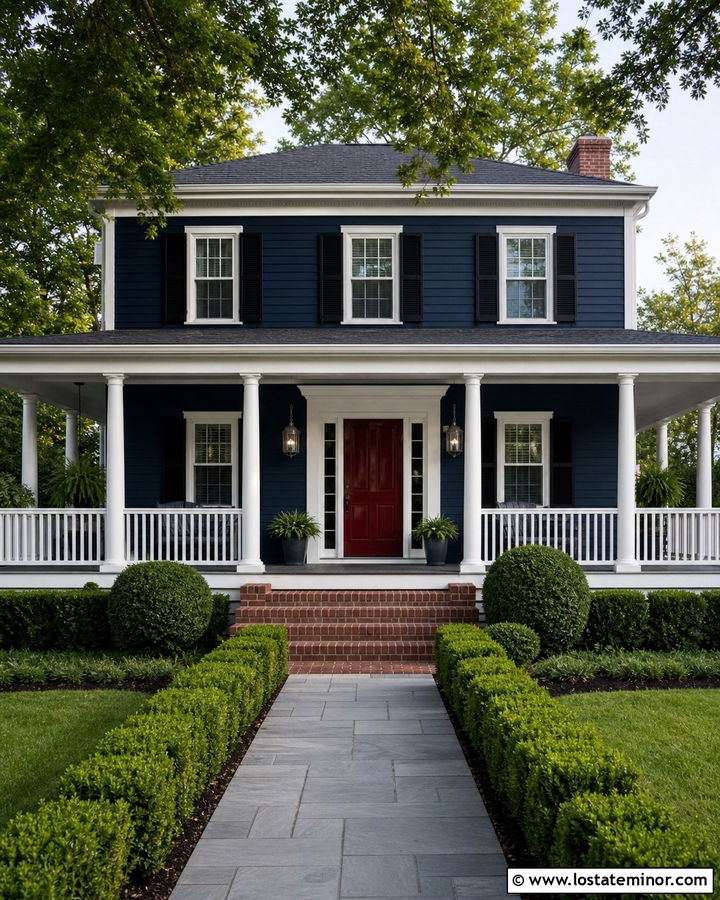 Navy Blue Colonial With Wraparound Porch - 30 Navy Blue House Design With Front Porch Ideas
