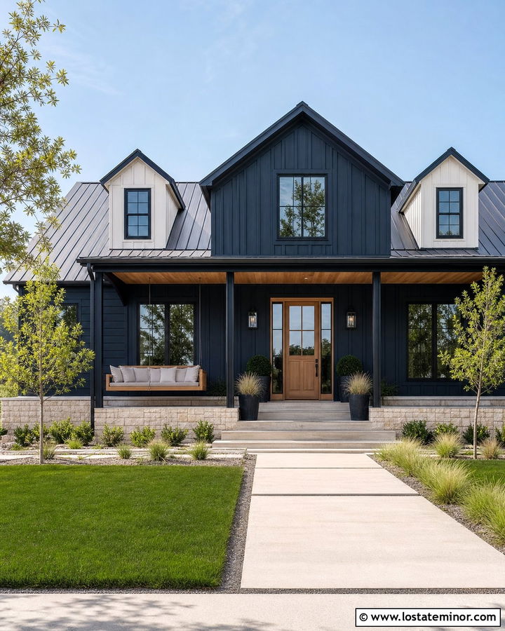 Navy Blue Contemporary Farmhouse With Cable Swing - 30 Navy Blue House Design With Swing Ideas