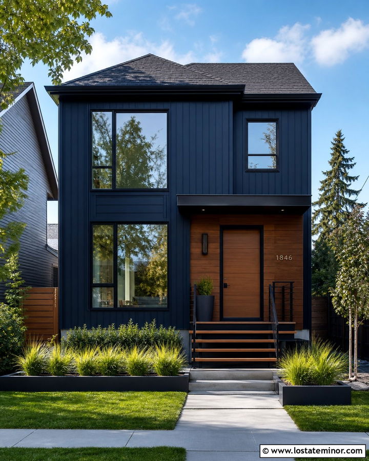 Navy Blue Contemporary Home With Black Steel Steps - 30 Navy Blue House Design With Steps Ideas