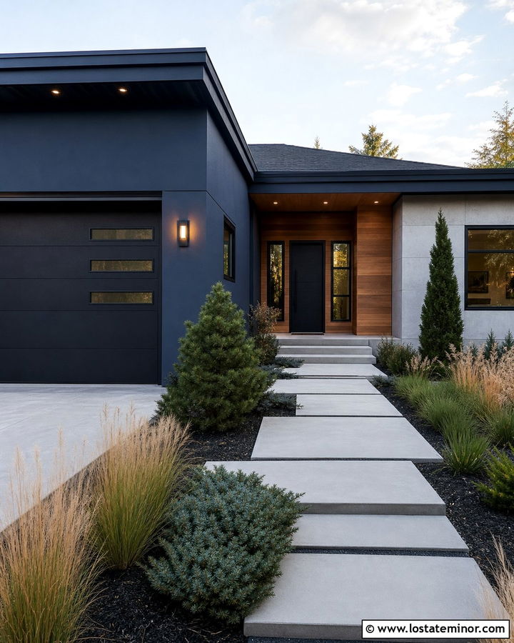 Navy Blue Contemporary House With Black Garage - 30 Navy Blue House Design With Garage Door Ideas
