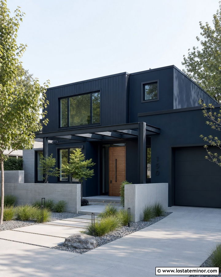 Navy Blue Contemporary House With Black Pergola - 30 Navy Blue House Design With Pergola Ideas