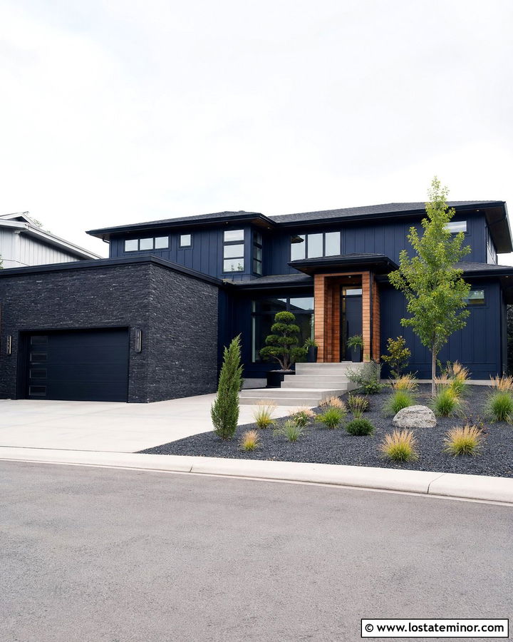 Navy Blue Contemporary House With Black Stone - 30 Navy Blue House Design With Stone Accents Ideas