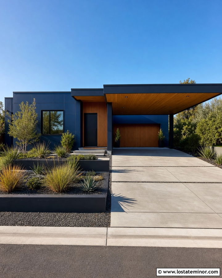 Navy Blue Contemporary House With Cantilevered Carport - 30 Navy Blue House Design With Carport Ideas